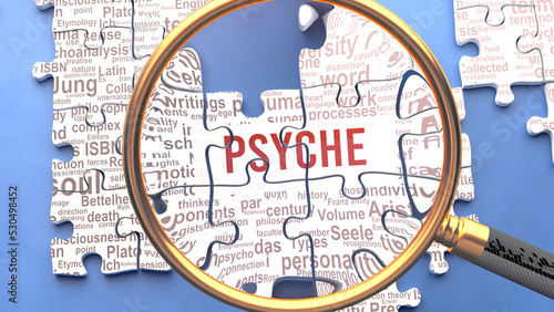 Psyche as a complex and multipart topic under close inspection. Complexity shown as matching puzzle pieces defining dozens of vital ideas and concepts about Psyche,3d illustration photo