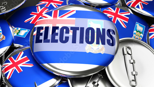 Falkland Islands Malvinas and Elections - dozens of pinback buttons with a flag of Falkland Islands Malvinas and a word Elections symbolizing upcoming event in this country.,3d illustration photo