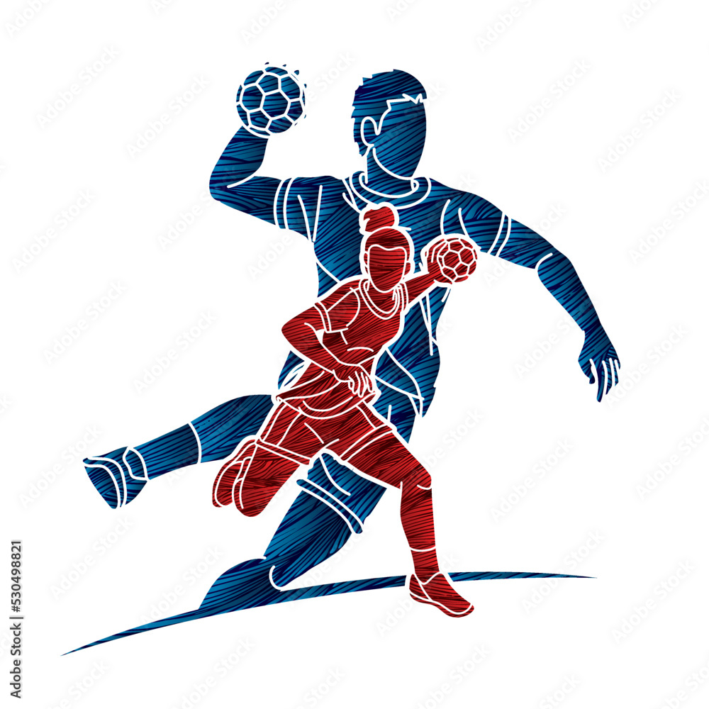 Group of Handball Players Male and Female Action Together Cartoon Sport Team Graphic Vector
