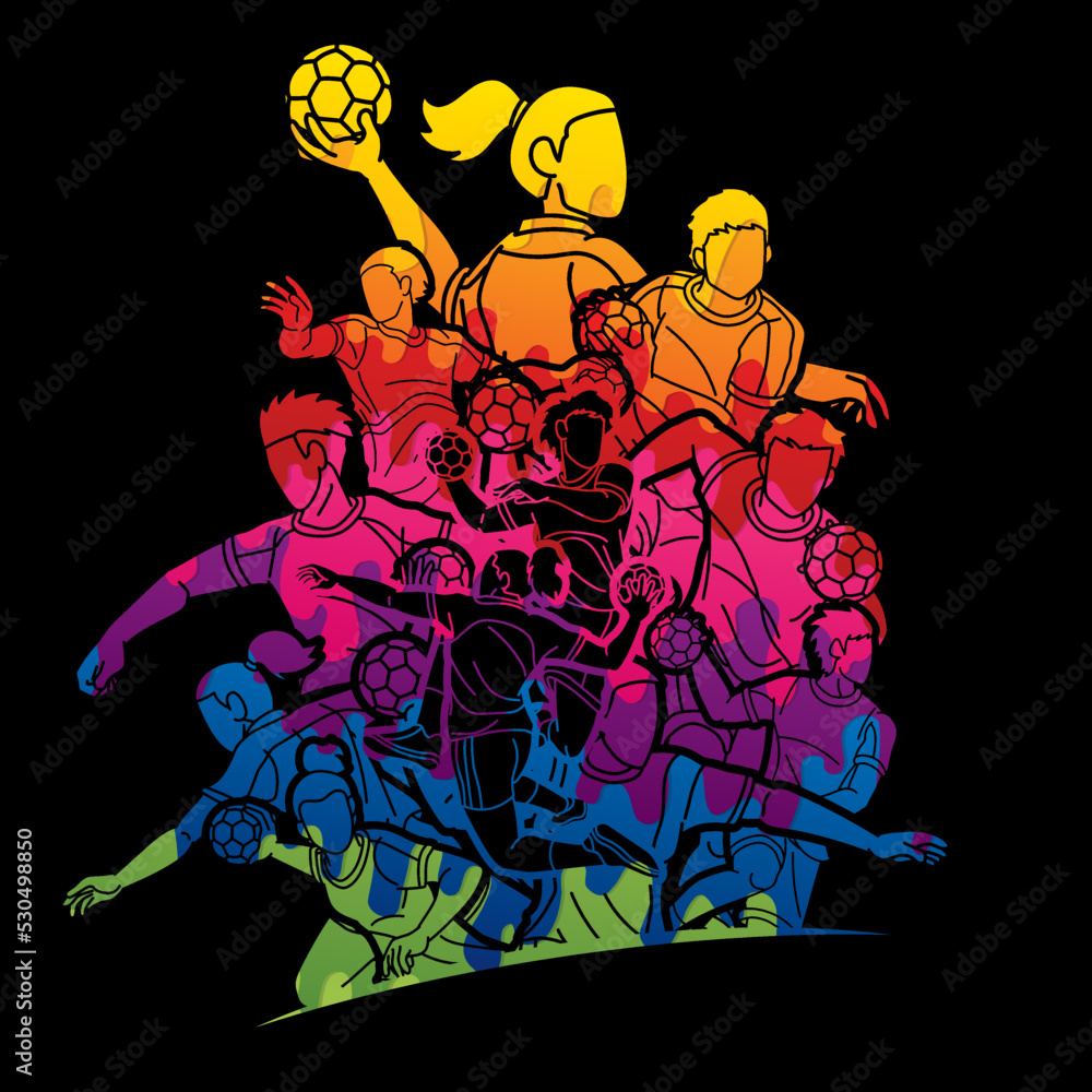 Group of Handball Players Male and Female Action Together Cartoon Sport Team Graphic Vector