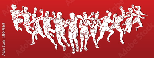 Group of Handball Players Male and Female Action Together Cartoon Sport Team Graphic Vector