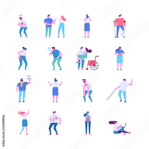 Illness, disease, Fever flat vector people set