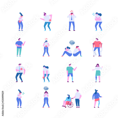 Illness, disease, Fever flat vector people set