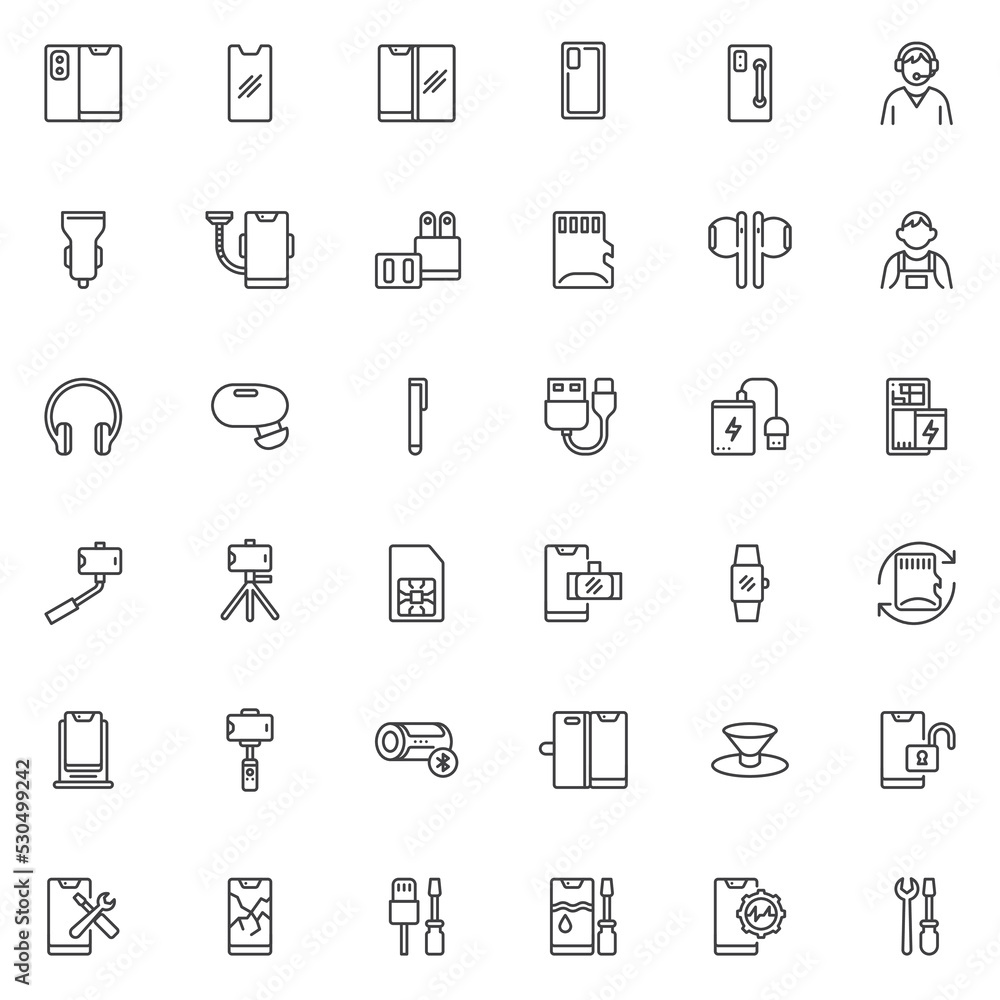 Mobile phone accessories line icons set