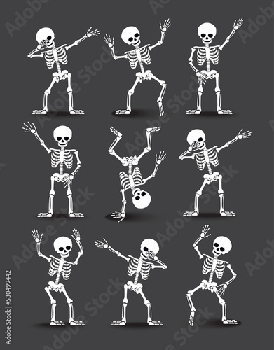 Funny skeletons dancing hip hop style and dabbing. Print for t shirt. Vector illustration.