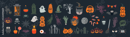 Halloween graphic elements - pumpkins, ghosts, zombie, owl, cat, candy and others. Hand drawn set.