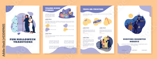 Halloween traditions flat vector brochure template. Booklet, leaflet printable flat color designs. Editable magazine page, reports kit with text space. Sigmar One, Balsamiq Sans, Comfortaa fonts used