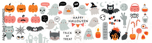 Halloween graphic elements - pumpkins, ghosts, owl, cat, candy and others. Hand drawn set.