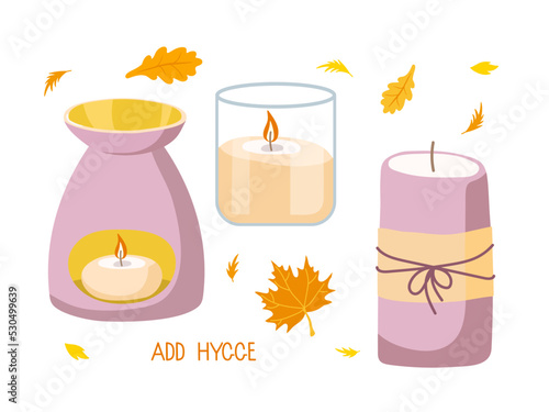Autumn mood. Candle set. Burning candle in glass jar, wax cylindrical candle, aroma lamp. Burning candle. Add hygge. Aromatherapy, relaxation elements. Cozy glowing decoration objects with fire flame