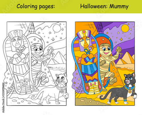 Coloring and color Halloween mummy and Egyptian cat vector