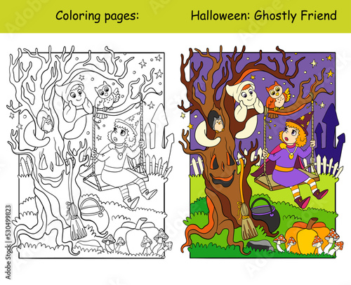 Coloring and color Halloween witch and ghost vector illustration