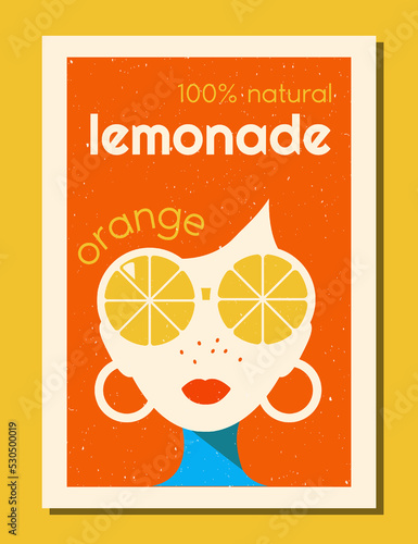 Vector label for lemonade. Retro design of orange lemonade packaging. Girl wearing round glasses in the shape of citrus. Finished illustration for fruit drink