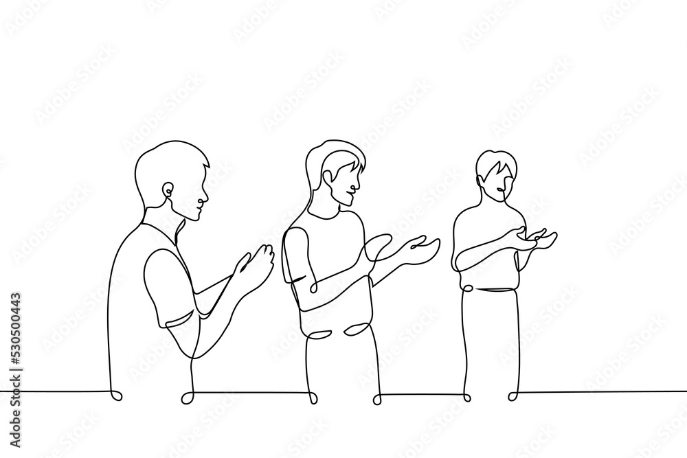 group of men stands applauding - one line drawing vector. the concept of an appreciative audience, standing ovation group of men stands applauding - one line drawing vector. the concept of an appreciative audience, standing ovation