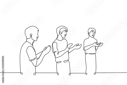group of men stands applauding - one line drawing vector. the concept of an appreciative audience, standing ovation