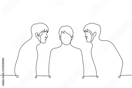 two men surrounded the third one and speak directly into his ear - one line drawing vector. concept of persuasion, recruitment, hypnosis