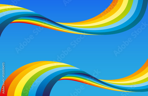 Summer illustration with bright rainbow in the blue sky.