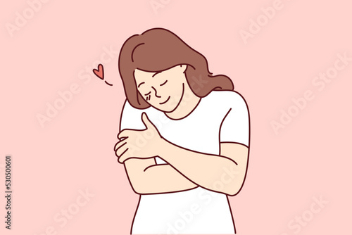 Happy young woman hugging herself show self-love and care. Smiling girl embrace body feeling secure and body positive. Vector illustration. 