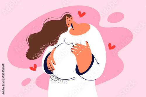 Happy pregnant woman touch belly