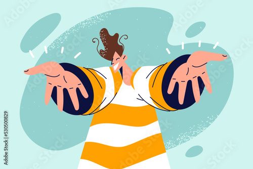 Smiling guy stretch hands for hug 