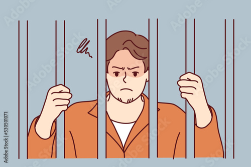 Unhappy man in robe behind bars in jail. Angry male criminal imprisoned for crime or misdemeanor. Imprisonment and sentence. Vector illustration. 