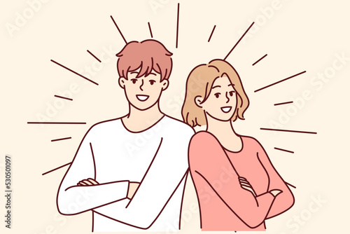 Portrait of smiling couple posing together feeling positive and optimistic. Happy man and woman show leadership and success. Vector illustration. 