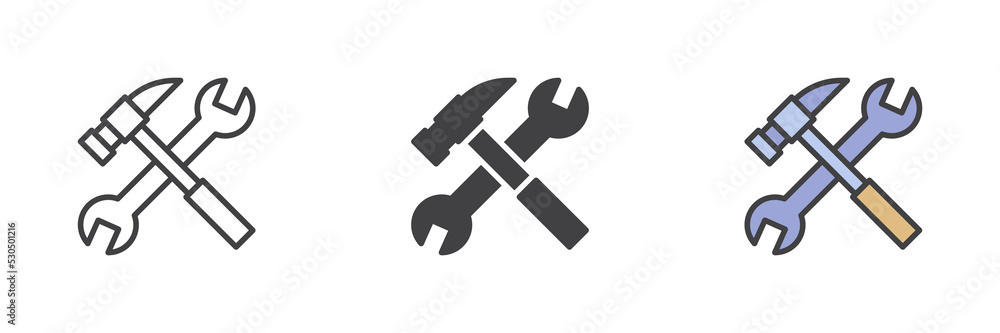 Wrench and hammer different style icon set Wrench and hammer different style icon set