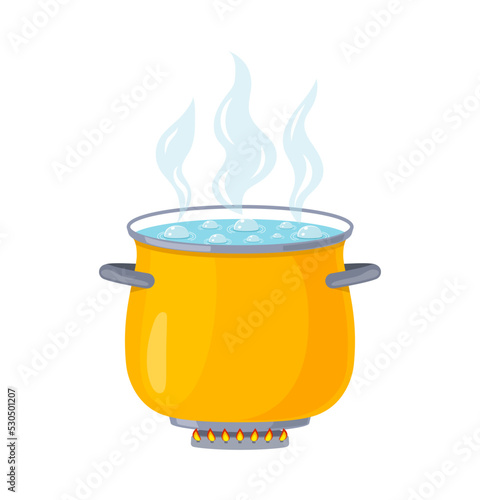 Pot with boil water. Pan with soup. Icon of cook food. Saucepan with hot steam on stove with fire. Flat cartoon cooking illustration. Metal heat open bowl on flame in kitchen. Vector