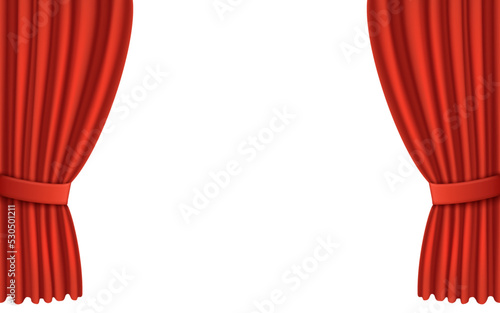 Red curtain on stage. 3d realistic theater curtains. Decor for open theatre, movie cinema and opera. Luxury velvet for show, entertainment and ceremony. Vector