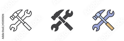 Wrench and hammer different style icon set