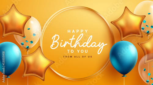 Happy birthday vector template design. Birthday text greeting card with party balloons elements in yellow empty space for typography. Vector Illustration. 