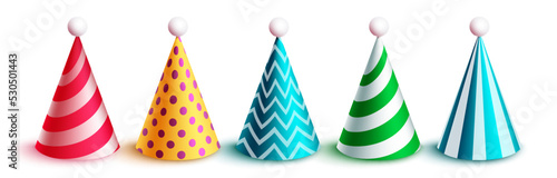 Birthday hat set vector design. Birthday hats element with pattern and dots collection for kids party occasion. Vector Illustration.