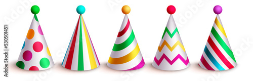 Birthday hat vector set design. Birthday hats colorful collection with dots and stripe pattern for kids party elements. Vector Illustration. 
