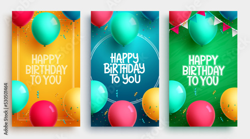 Happy birthday poster set vector design. Birthday greeting text collection with balloons and confetti elements for kids party celebration background. Vector Illustration.