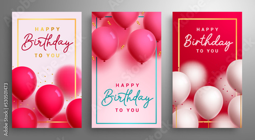 Happy birthday vector poster design. Birthday greeting text collection with balloons and confetti for invitation card decoration. Vector Illustration. 