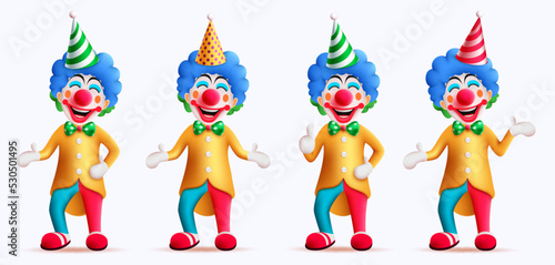 Birthday clown characters vector set design. Buffoon collection character with funny, happy and enjoy party occasion entertainer isolated in white background. Vector Illustration. 