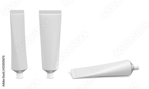 Set of realistic tube mockup. Plastic tuba for toothpaste, cream, gel and shampoo. Template for medicine or cosmetics. Vector illustration
