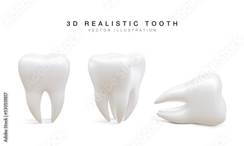 Set of white tooth in different position isolated on white background. Concept of dental examination of teeth, dental health and hygiene. Vector illustration