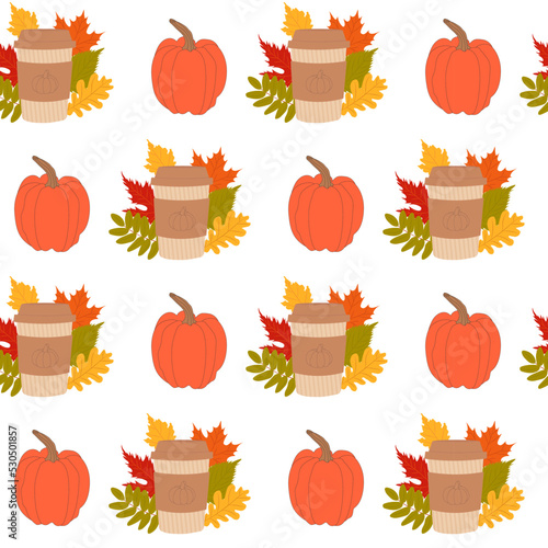 autumn seamless pattern with coffee and pumpkins. Cute flat illustration of autumn pattern