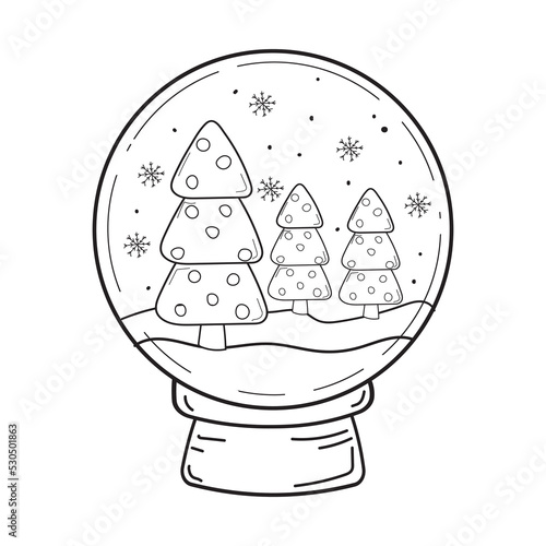 vector illustration of Christmas trees in a Christmas snow globe. Doodle illustration snow globe