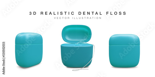Set of realistic teeth floss isolated on white background. Concept 3d dental care. Vector illustration