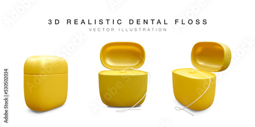 Set of realistic teeth floss isolated on white background. Concept 3d dental care. Vector illustration