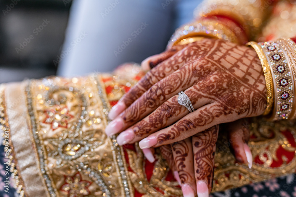 Indian Punjabi bride's hands with wedding henna mehendi mehndi close up