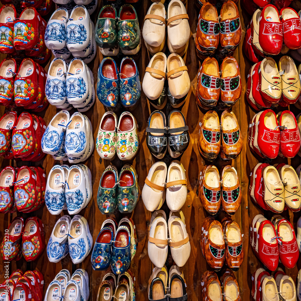 Set of different colorful vintage Dutch wooden clogs