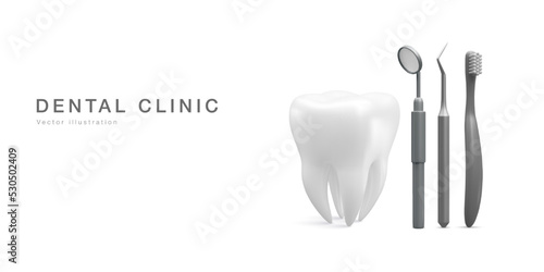 Realistic tooth and dental tools for teeth isolated on white background. Medical dentist tool. Dentistry, healthcare, hygiene Concept. Vector illustration