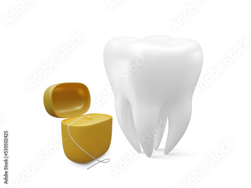 Realistic tooth and dental floss for teeth isolated on white background. Medical dentist tool. Dentistry, healthcare, hygiene Concept. Vector illustration
