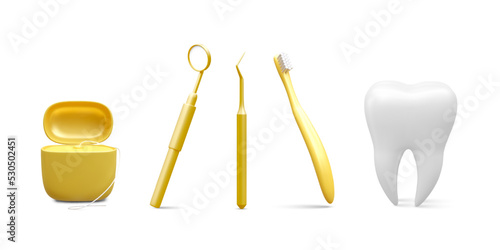 Realistic dental tools isolated on white background. Concept of teeth dental care. Vector illustration