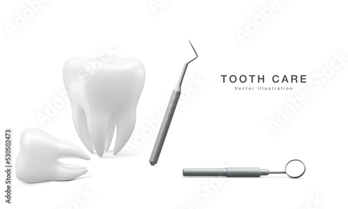 Realistic tooth, dental probe and dental mirror for teeth isolated on white background. Medical dentist tool. Dentistry, healthcare, hygiene Concept. Vector illustration