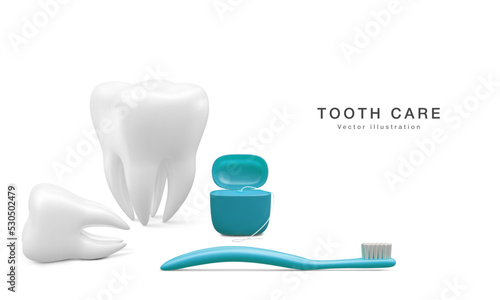 Realistic tooth and dental tools for teeth isolated on white background. Medical dentist tool. Dentistry, healthcare, hygiene Concept. Vector illustration