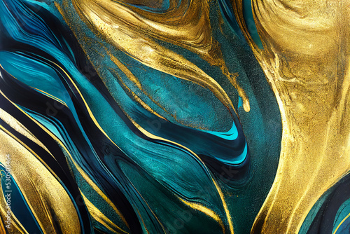 Abstract fluid art painting texture blue green and gold colorsAI photo