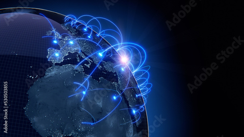 Fototapeta Naklejka Na Ścianę i Meble -  Globalization and communication concept. Earth and luminous rays. 3d rendering